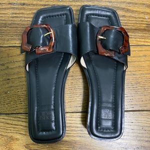 Louise et Cie Lo Elara Black Leather Slide Sandals with Wood Platform Soles ...